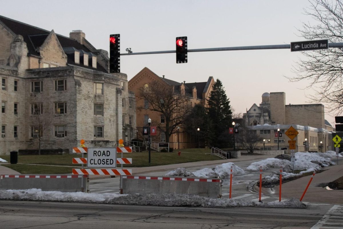A road closed sign sits surrounded by snow. Work on the roundabout project at the Lucinda Avenue and Normal Road intersection will begin May 12. (Northern Star File Photo)