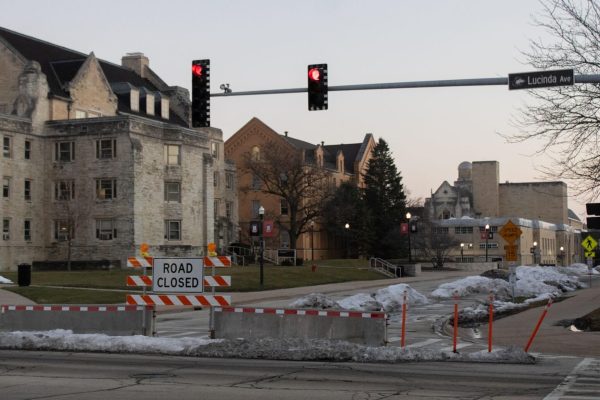 A road closed sign sits surrounded by snow. Work on the roundabout project at the Lucinda Avenue and Normal Road intersection will begin May 12. (Northern Star File Photo)