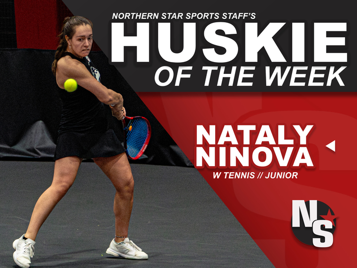 A graphic depicts NIU women's tennis junior Nataly Ninova as this week's Huskie of the Week. Ninova earned the award after leaving the Mid-American Conference Tournament undefeated in singles matches, earning a spot on the MAC All-Tournament team. (Edison Miller | Northern Star)
