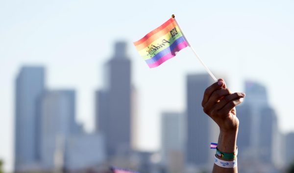 A pride flag is held high in the air during LA Pride in the Park festival at Los Angeles State Historic Park. Due to the ongoing attacks of Queer and Trans rights in America by the Trump administration Pride Month has become even more necessary. (AP Photo | Chris Pizzello)