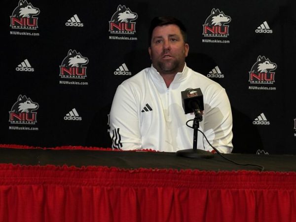 NIU baseball head coach Ryan Copeland speaks at an NIU Athletics press conference in the spring. Heading into Year 3 at the helm, Copeland sports and overall record of 42-66 as the Huskies' head coach. (Edison Miller | Northern Star)
