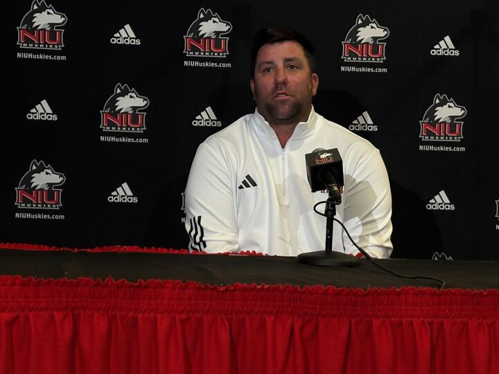 NIU baseball head coach Ryan Copeland speaks at an NIU Athletics press conference in the spring. Heading into Year 3 at the helm, Copeland sports and overall record of 42-66 as the Huskies' head coach. (Edison Miller | Northern Star)