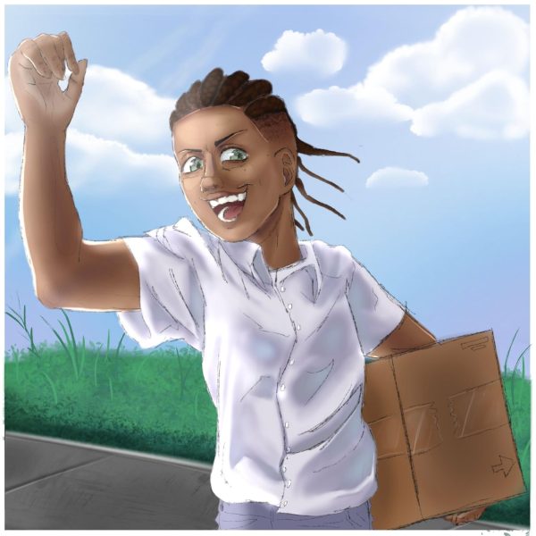 A cartoon depicts a person carrying a box, getting ready to move in and start college. Happy move-in and first week of classes, Huskies! (Kaylee Rutherford | Northern Star)