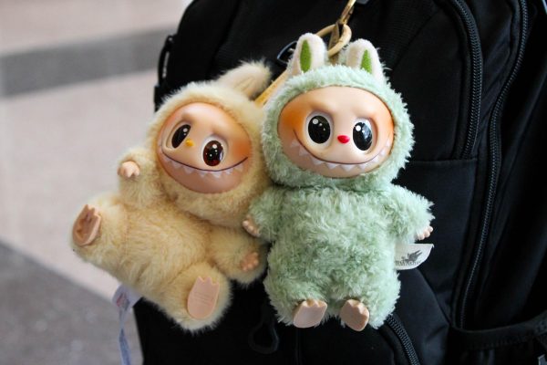 A pair of counterfeit Labubus hang from a backpack. Labubu refers to a line of blind box plush keychains called “The Monsters,” created by Hong Kong illustrator Kasing Lung and produced by the toy company Pop Mart.
(Ethan Rodriguez | Northern Star)
