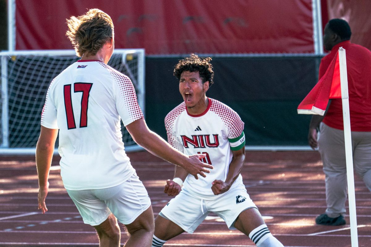 Senior midfielder Jose Gomez (10) celebrates in the corner after scoring NIU’s first goal on Thursday against the Western Illinois University Leathernecks. NIU continued to score another four goals leading to a 5-0 victory against WIU. (Totus Tuus Keely | Northern Star)