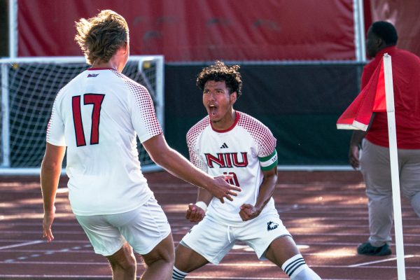 Senior midfielder Jose Gomez (10) celebrates in the corner after scoring NIU’s first goal on Thursday against the Western Illinois University Leathernecks. NIU continued to score another four goals leading to a  5-0 victory against WIU. (Totus Tuus Keely | Northern Star)