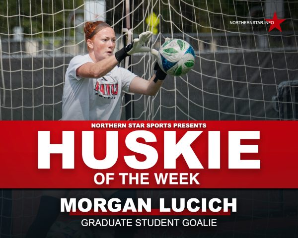 A graphic depicts NIU women’s soccer graduate student Morgan Lucich as this week’s Huskie of the Week. Lucich earned the honor after recording two shutout games against DePaul and St. Thomas before holding Minnesota scoreless for 27 minutes prior to leaving the game with an injury. (Edison Miller | Northern Star)