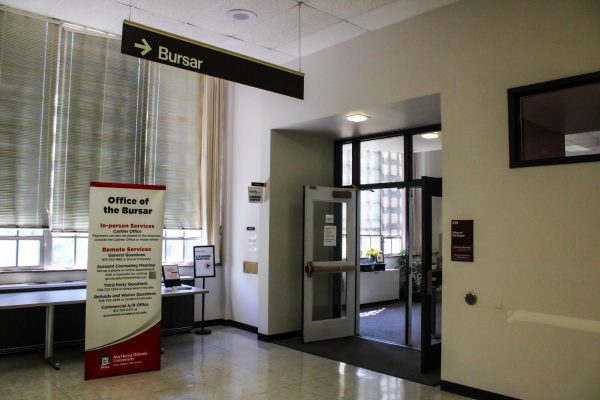 Signs point to the Office of the Bursar in Room 235 of Swen Parson Hall. The Office of the Bursar processes payments and refunds for students. (Ethan Rodriguez | Northern Star)