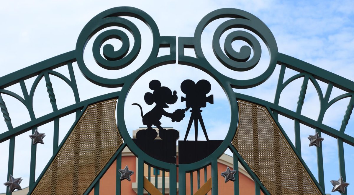 A silhouette of Mickey Mouse with an older Hollywood film camera is enclosed by a Mickey head. The detail can be found at the entrance of Walt Disney Studios Park in Disneyland Paris. (Getty Images)