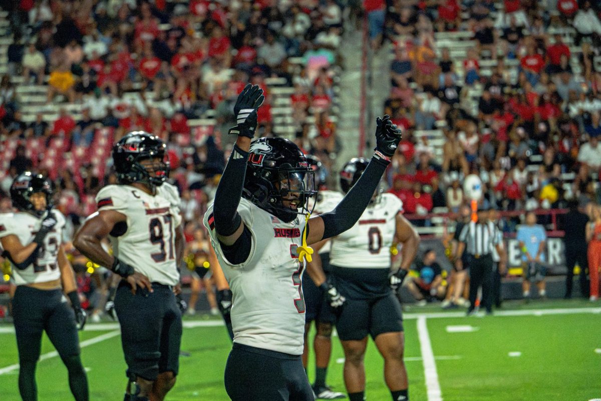 NIU redshirt junior cornerback Jacob Finley (3) celebrates after helping force an incomplete pass during the third quarter of a non-conference football game against the University of Maryland on Sept. 5 at SECU Stadium in College Park, Maryland. The Huskies' next opponent will be Mississippi State University on Saturday in Starkville, Mississippi. (Totus Tuus Keely | Northern Star)