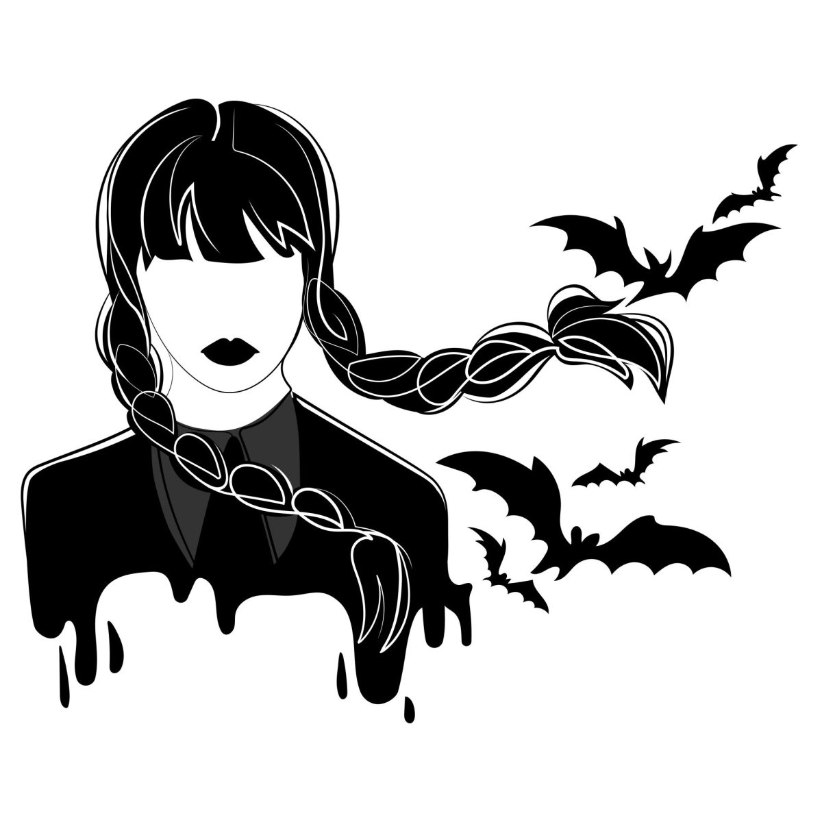 A graphic depicts Wednesday Addams in black with bats flying around her. Both seasons of "Wednesday" can be streamed on Netflix. (Getty Images)