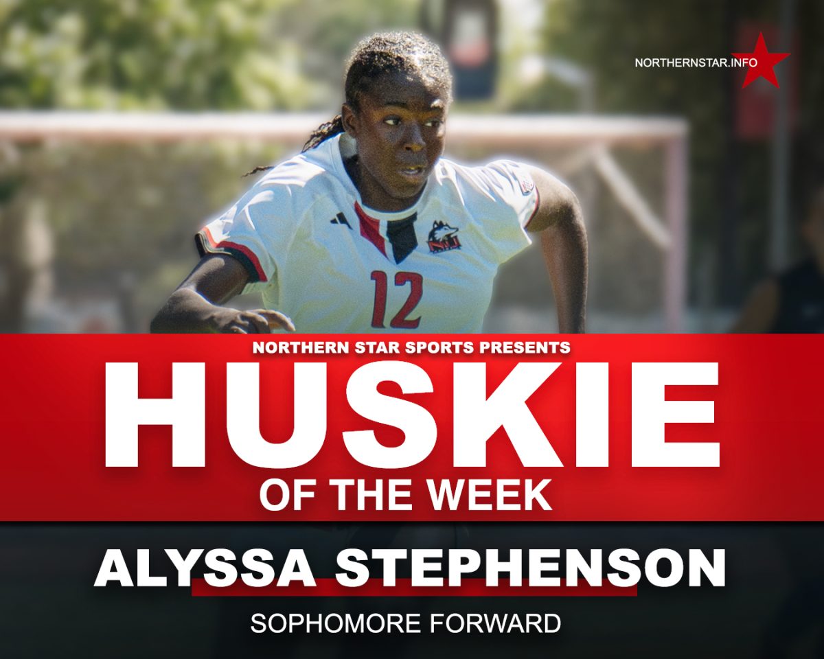 A graphic depicts NIU women’s soccer sophomore forward Alyssa Stephenson (12) as this week’s Huskie of the Week. Stephenson earned the honor after her game-winning goal in the 90th minute of the Huskies’ match against Eastern Illinois University on Sunday. (Edison Miller | Northern Star