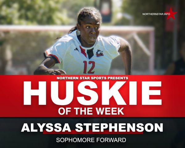 A graphic depicts NIU women’s soccer sophomore forward Alyssa Stephenson (12) as this week’s Huskie of the Week. Stephenson earned the honor after her game-winning goal in the 90th minute of the Huskies’ match against Eastern Illinois University on Sunday. (Edison Miller | Northern Star