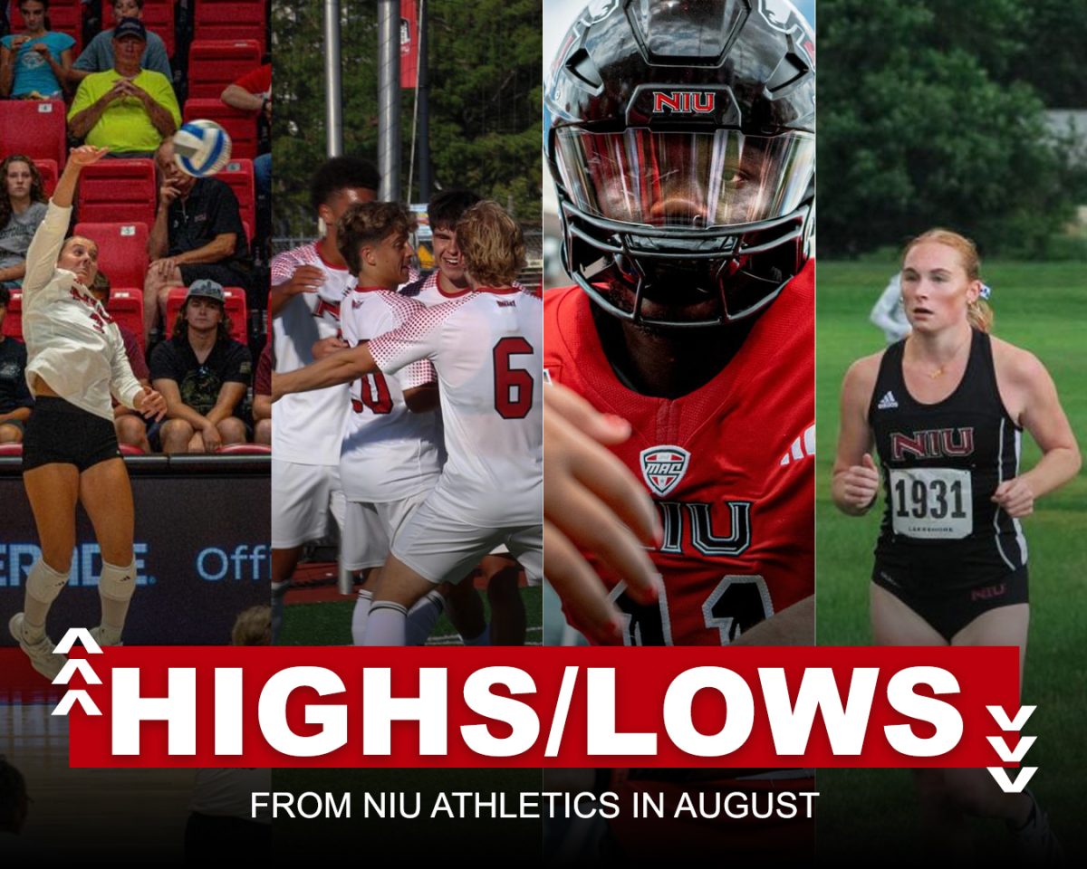 A graphic shows NIU student-athletes from various sports with arrows indicating highs and lows. Sports Editor Kalin Schaefer discusses the high and low moments for NIU Athletics in August. (Edison Miller | Northern Star)