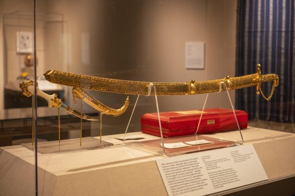 A ceremonial sword from Syria and a ceremonial dagger from the Kingdom of Morocco sit in a display case as part of the “How We Rebuild” exhibition in the Pick Museum of Anthropology on Tuesday. The exhibit is open 10 a.m. to 4 p.m. Tuesdays to Saturdays until Dec. 19. (Totus Tuus Keely | Northern Star)