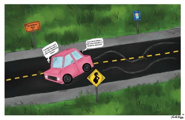 A cartoon depicts a car driving on a road with speech bubbles saying that people would rather not have children at all than have children with an immature man. Opinion Editor Kahlil Kambui believes that birth rates are declining because the U.S. government isn't providing women proper support. (Lupita Diaz | Northern Star)