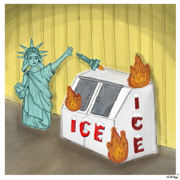 A cartoon depicts the Statue of Liberty setting an ice machine on fire. The Statue of Liberty is also holding a piece of paper that has the date July 4, 1776, in Roman numerals. (Lupita Diaz | Northern Star)