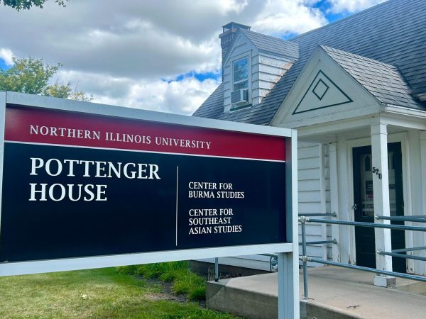 The welcome sign for the Pottenger House, which houses the Center for Southeast Asian Studies, sits on a cloudy fall afternoon. The Center for Southeast Asian Studies hosted the first lecture in its fall 2025 lecture series Friday in the Peters Campus Life Building. (Austin Lamb | Northern Star)