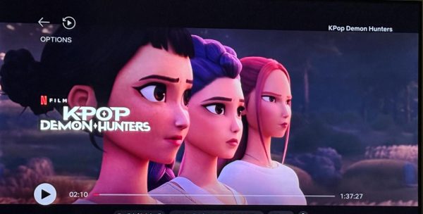 A TV displays “K-Pop Demon Hunters” on Netflix. Video Editor Jenny Javkhlantugs gave the movie a rating of 9 out of 10. (Edison Miller | Northern Star) 