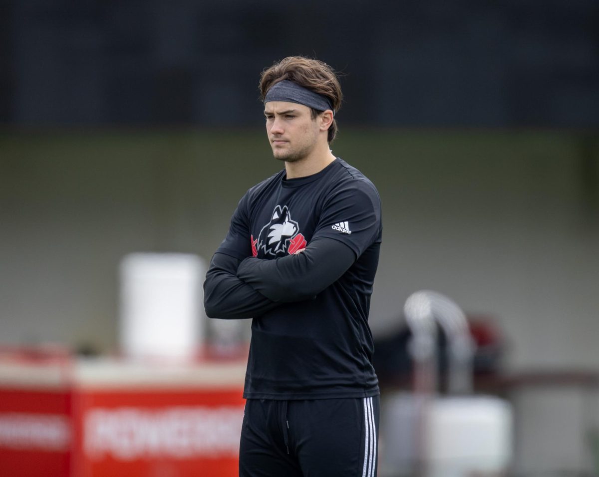NIU redshirt junior quarterback Jackson Proctor watches practice on April 5 at Huskie Stadium in DeKalb. Proctor saw action in one game for the Huskies, completing two passes for 8 yards against Holy Cross on Aug. 30. (Tim Dodge | Northern Star)