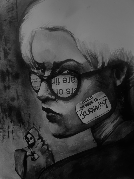 A journalist stares off into the distance as the grim reapers looms behind her. Opinion Editor Kahlil Kambui believes that it is the onus of journalists to produce unbiased good faith news content to regain the trust of the public. (Samantha Duthie | Northern Star)