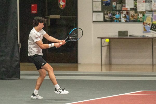 NIU men’s tennis then-junior Iker Gaztambid Arrastia returns the ball in the Huskies’ match against the University of Toledo on April 5. NIU Athletics released the men's tennis 2025-2026 schedule on Thursday. (Totus Tuus Keely | Northern Star)
