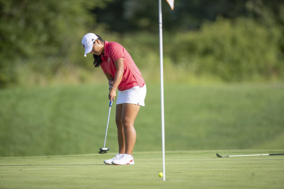 NIU women’s golf sophomore Mia Raines takes a shot during practice at Rich Harvest Farms. Raines and freshman Emilie Chile were the top finishers for the Huskies at the Diane Thomason Invitational, while NIU came in 8th. (Courtesy of NIU Athletics)