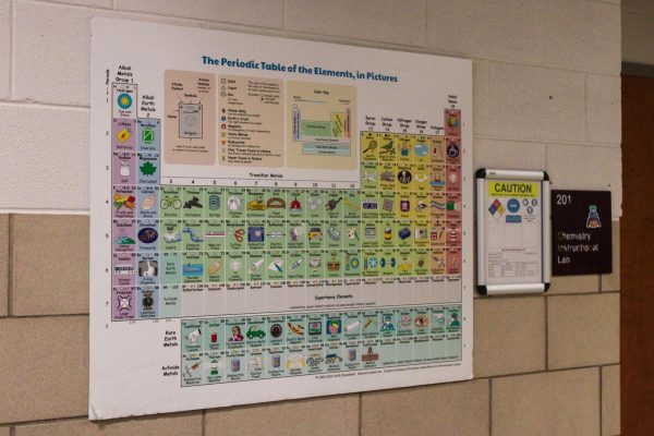 A periodic table with picture representations of each element and a safety diamond hang on the wall next to Room 201 in Faraday Hall. Opinion Columnist Lucy Atkinson believes the scientific method can be learned by all and be applied to every day life. (Ethan Rodriguez | Northern Star)