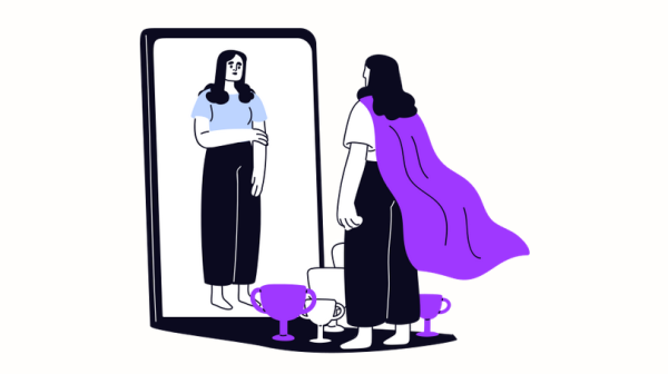 A woman in a cape with awards at her feet looks in the mirror with a somber expression. "Opinion Columnist Lucy Atkinson believes its OK to worry, but it's important to not let imposter syndrome get you down." (Kahlil Kambui | Northern Star)