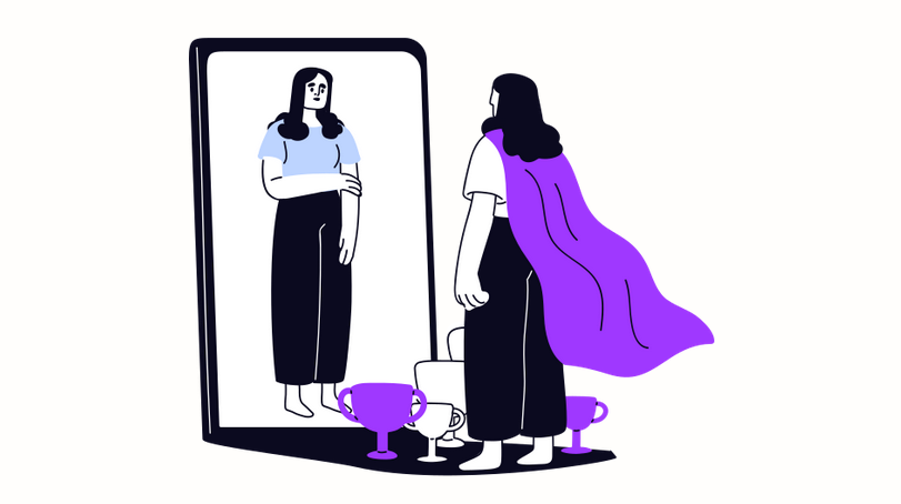 A woman in a cape with awards at her feet looks in the mirror with a somber expression. "Opinion Columnist Lucy Atkinson believes its OK to worry, but it's important to not let imposter syndrome get you down." (Kahlil Kambui | Northern Star)