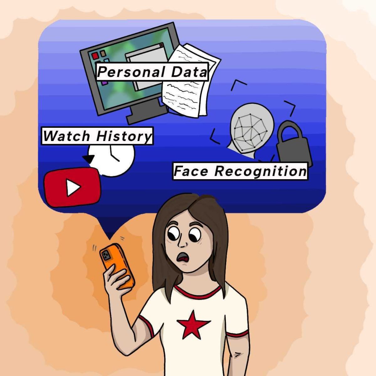 A girl looks at her phone in horror as she sees her personal online data is revealed to the government. The Northern Star Editorial Board believes that the government should not be the only one to moderate the internet. (Shea Witz | Northern Star)