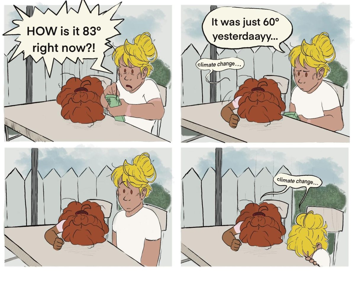 Two characters discuss the changes in weather. The characters discuss how climate change could potentially be the answer for why the temperature in weather is changing. (Kaylee Rutherford | Northern Star)