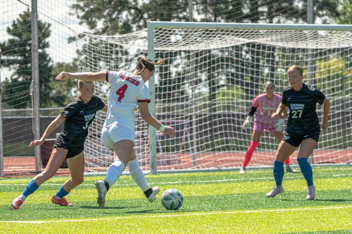 NIU women’s soccer senior forward Kelsi McLaughlin (4) attempts a shot against Eastern Illinois University on Sunday at the NIU Soccer and Track & Field Complex. Sports Reporter Abel Naranjo breaks down his three main takeaways from the beginning of the women’s soccer season. (Totus Tuus Keely | Northern Star)