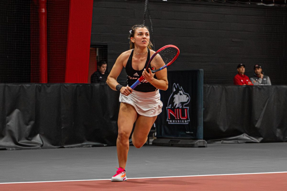 NIU women’s tennis senior Isabella Righi prepares to receive the ball during her singles match against the University at Buffalo on April 13. NIU Athletics released the women's tennis 2025-2026 schedule on Sept. 16. (Northern Star File Photo)