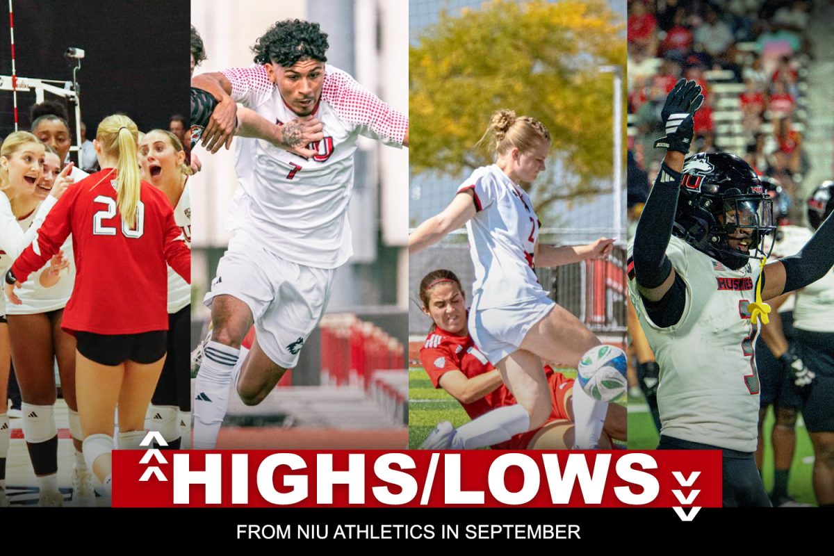 A graphic shows NIU student-athletes from various sports with arrows indicating highs and lows. Sports Editor Kalin Schaefer discusses the high and low moments for NIU Athletics in September. (Edison Miller | Northern Star)