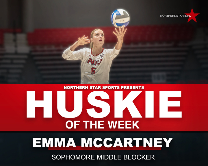A graphic depicts NIU volleyball sophomore middle blocker Emma McCartney (6) as this week’s Huskie of the Week. McCartney was named to the Hampton Inn Invitational All-Tournament team and led the Huskies in kills. (Edison Miller | Northern Star)