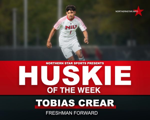 A graphic depicts NIU men’s soccer freshman forward Tobias Crear as this week’s Huskie of the Week. Crear earned the honor after recording the first two goals of his career in NIU’s 4-1 win against Governors State University on Sunday. (Edison Miller | Northern Star)