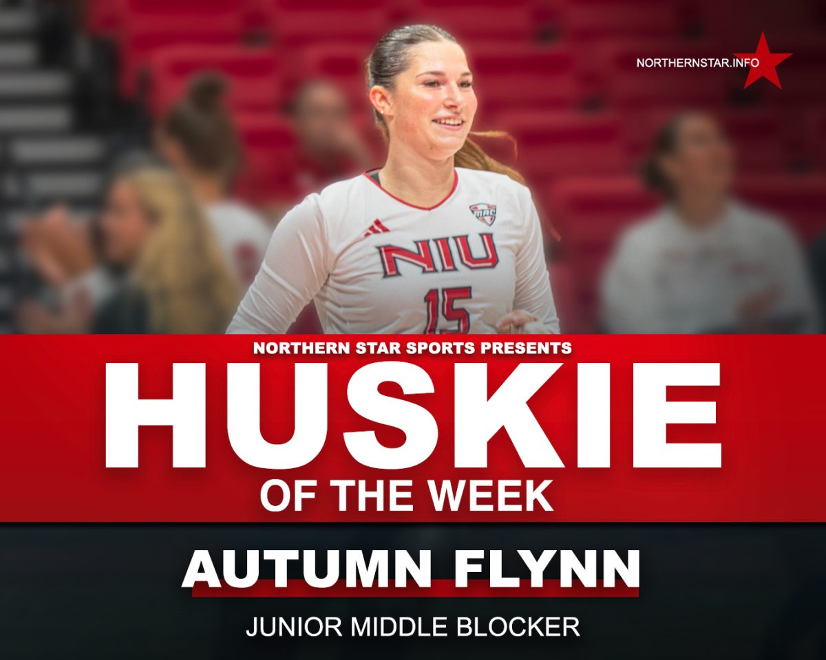 A graphic depicts NIU volleyball forward middle blocker Autumn Flynn (15) as this week’s Huskie of the Week. Flynn earned the honor after being named the MVP of the NIU Invitational. (Edison Miller | Northern Star)