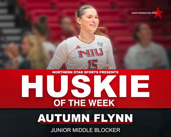 A graphic depicts NIU volleyball forward middle blocker Autumn Flynn (15) as this week’s Huskie of the Week. Flynn earned the honor after being named the MVP of the NIU Invitational. (Edison Miller | Northern Star)
