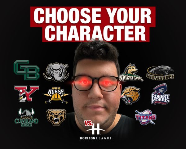 A graphic depicts Senior Sports Reporter Skyler Kisellus surrounded by logos representing the universities within the Horizon League Conference. Kisellus predicts how he would fare in a hypothetical fist fight with NIU sport’s future foes. (Edison Miller | Northern Star)