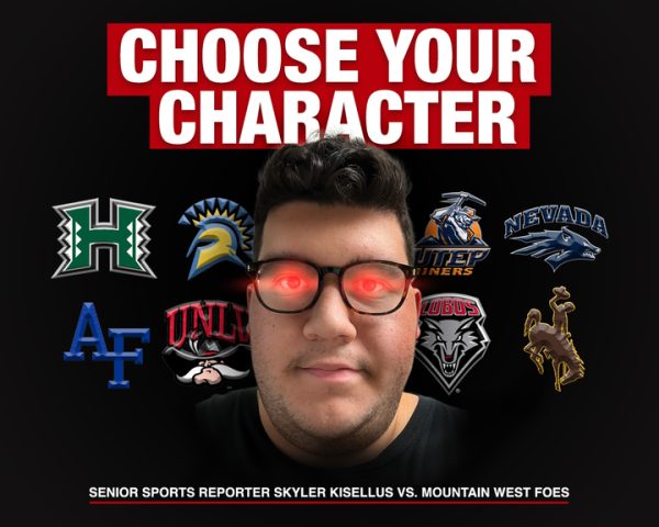 A graphic depicts Senior Sports Reporter Skyler Kisellus surrounded by logos representing the universities within the Mountain West Conference. Kisellus predicts how he would fare in a hypothetical fist fight with NIU football's future foes. (Edison Miller | Northern Star)
