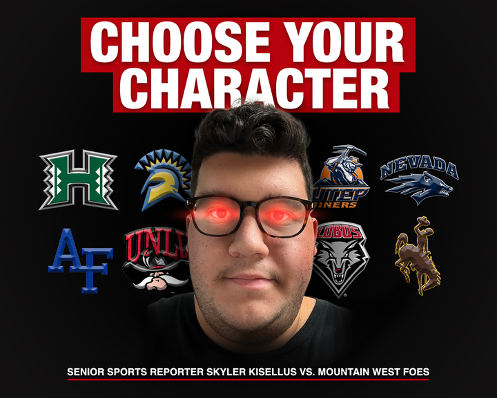 A graphic depicts Senior Sports Reporter Skyler Kisellus surrounded by logos representing the universities within the Mountain West Conference. Kisellus predicts how he would fare in a hypothetical fist fight with NIU football's future foes. (Edison Miller | Northern Star)