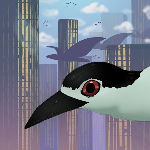 A cartoon depicts a bird flying in the sky through a city. Opinion Columnist Lucy Atkinson argues that big companies should do more such as adding bird-safe film in order to prevent bird deaths. (Kaylee Rutherford | Northern Star)