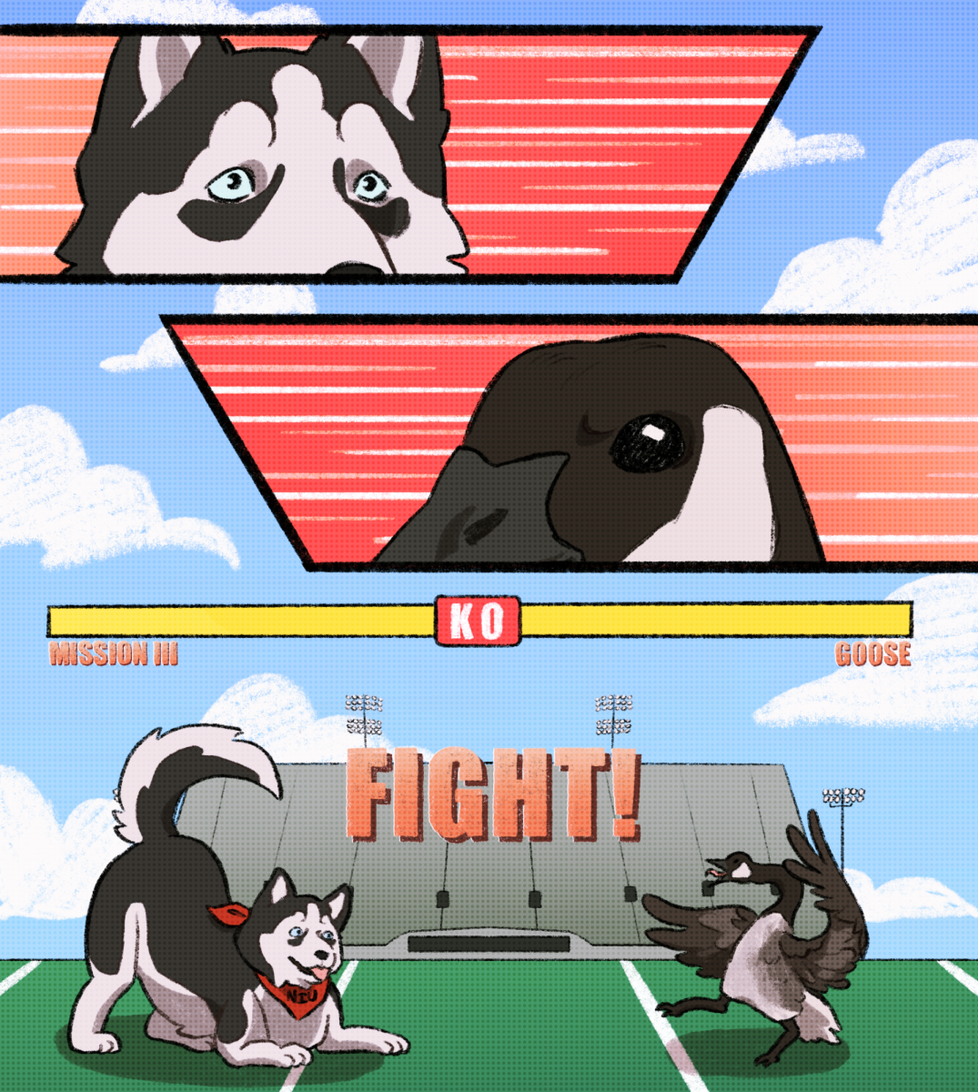 Mission III and a goose fight on a football field on a cloudy day. The cartoon is reminiscent of street fighter games. (Maxwell Lehmann | Northern Star)