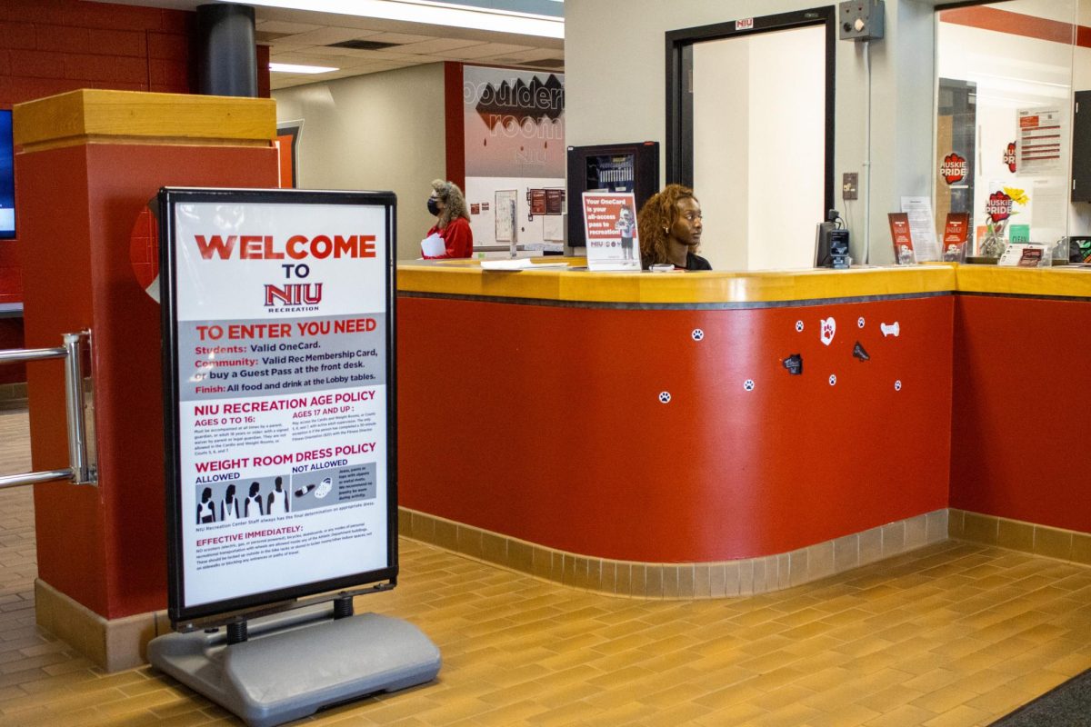 Junior accounting major Paris Agee works the front desk of the Recreation Center. For the past 42 years, the NIU Adventure Center has provided students with the gear and knowledge they need to participate in recreational activities. (Grace Kilbreath | Northern Star)