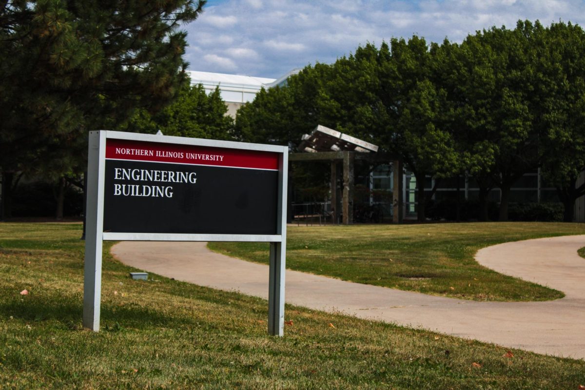 A sign marks the entrance to the Engineering Building. NIU CellTech is a new engineering club that invites engineering students to take part in design and engineering design competitions against other colleges. (Ethan Rodriguez | Northern Star)