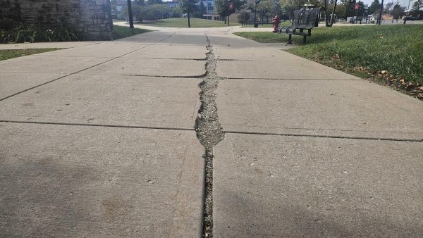 A photo of the cracked sidewalk next to Reavis Hall. Opinion Columnist Byrdie Seda argues that the roads and sidewalks around DeKalb needs to be taken better care of to prevents injuries. (Kahlil Kambui | Northern Star)
