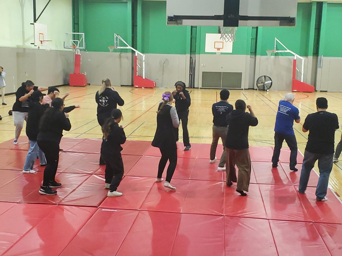 A group of students learn the combat style Silat, a series of motions that utilizes strikes, kicking, blocking and grappling. The Kinesiology and Physical Studies Department partnered with the Asian American Certificate Program, the NIU Department of Music and the Center for South Asian Studies to reach a wider community. (Jonathan Shelby | Northern Star)