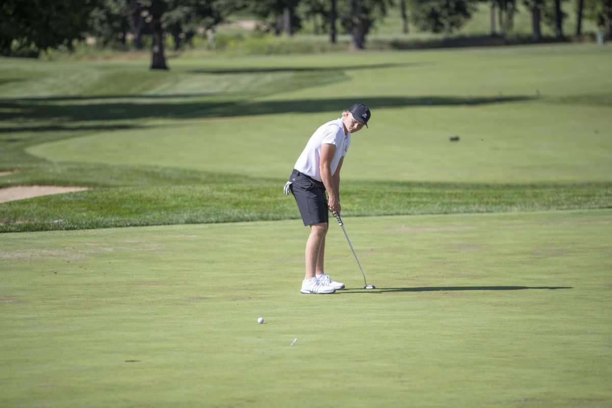 NIU men’s golf freshman Devin Swoyer attempts a shot during practice at Rich Harvest Farms. Swoyer tied for fifth at the Purdue Fall Invitational in West Lafayette, Indiana, while NIU finished sixth as a team. (Courtesy of NIU Athletics) 