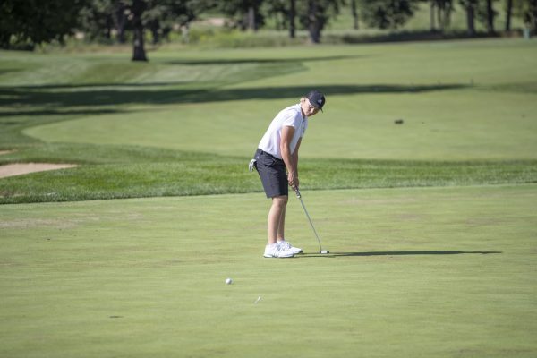 NIU men’s golf freshman Devin Swoyer attempts a shot during practice at Rich Harvest Farms. Swoyer tied for fifth at the Purdue Fall Invitational in West Lafayette, Indiana, while NIU finished sixth as a team. (Courtesy of NIU Athletics) 
